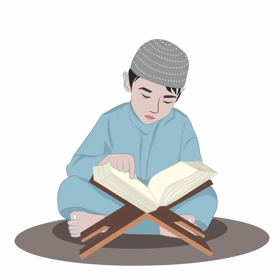 muslim boy or child reading recitation holy quran when ramadan month positive activity free vector